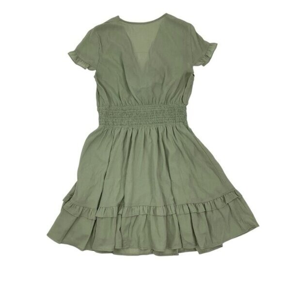 Women’s Ruffle Dress Large Green Short Sleeve Front Tie - Picture 4 of 5
